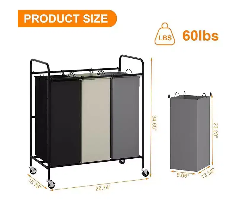Gray 3-Bag Laundry Sorter Cart with Lockable Wheels, Removable Bags – For 2-3 Person Household
