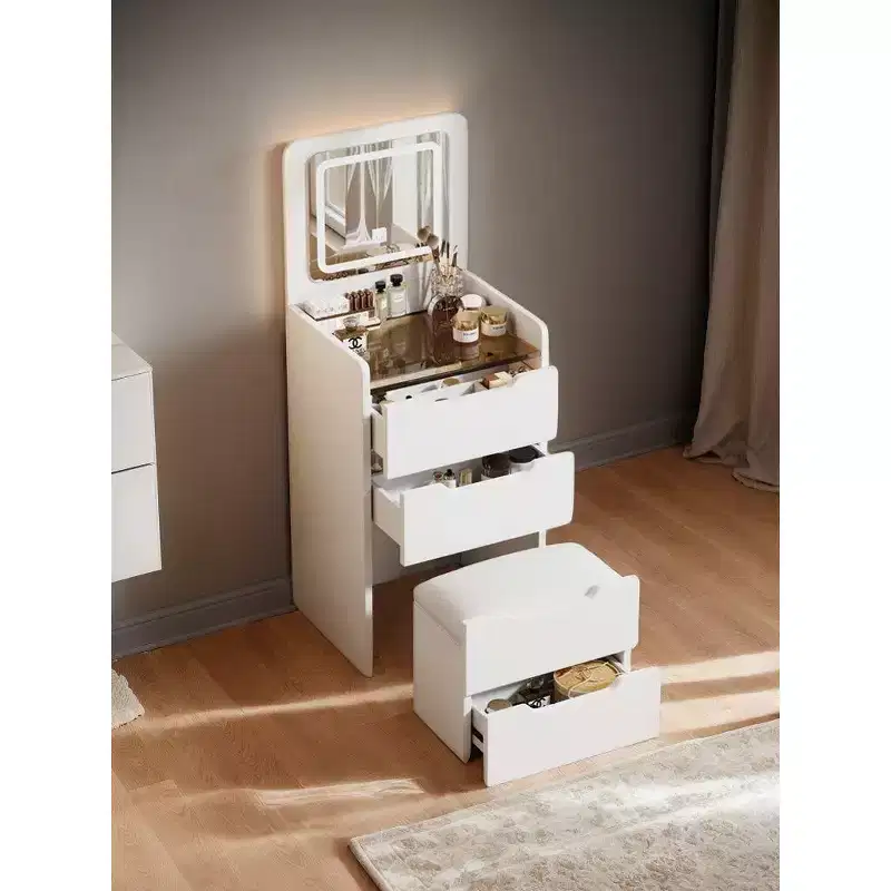 Okak 18.9 3-in-1 Vanity Table and Stool Set with Flip-Top Mirror,Compact Makeup Vanity with Visible Glass Desktop and 3 Drawers,White