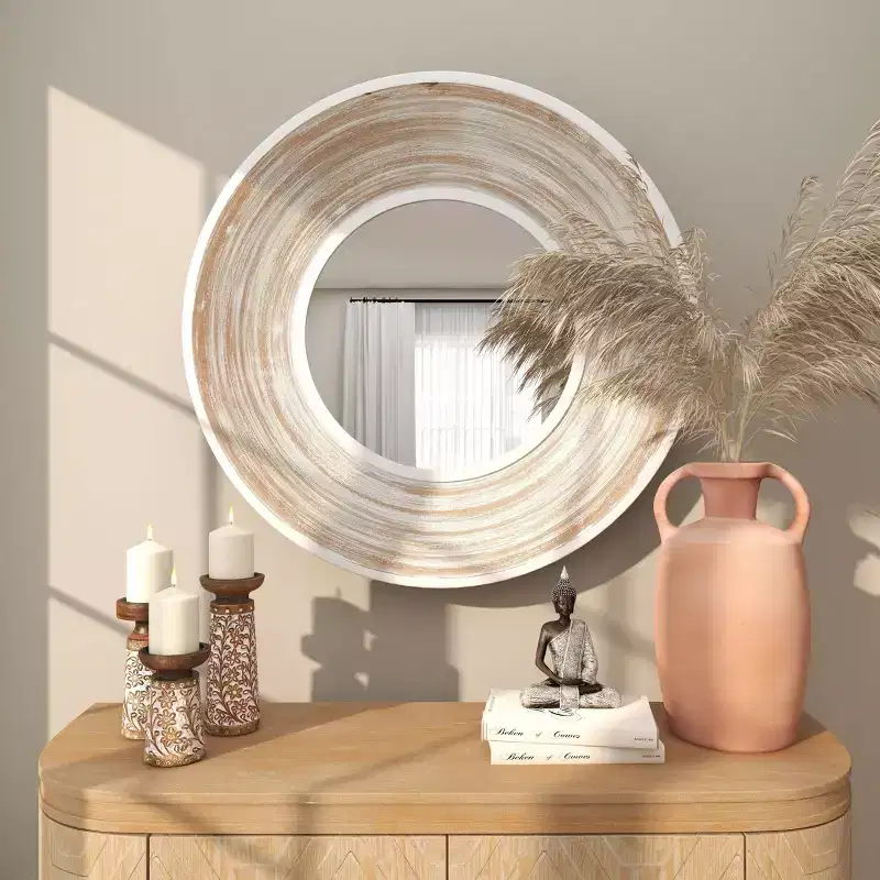 35"x35" Wooden Wall Mirror with White Wash Effect Cream - Olivia & May: No Assembly, MDF Frame, Indoor Use