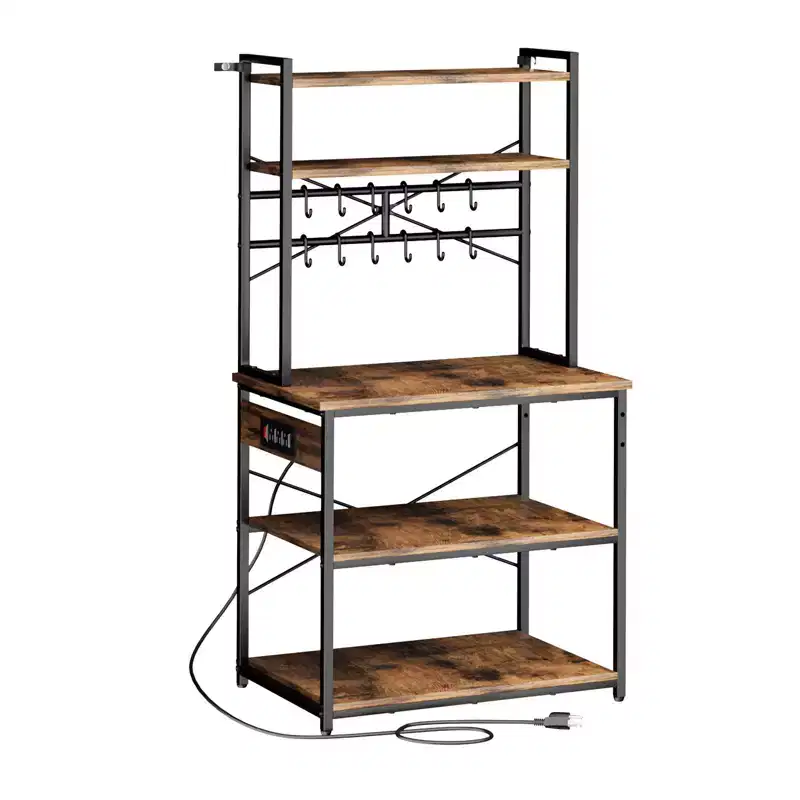 Kitchen Bakers Rack, 5 ft Power Cable Bakers Rack with Power Outlet, Kitchen Stand with X-Shaped Support Bar, 12 S-Shaped Hooks, Black & Brown