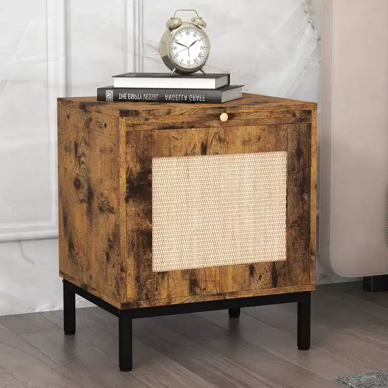Wooden Bedside Table with Rattan Door, Durable Construction, Stylish Design, for Bedroom, Living Room