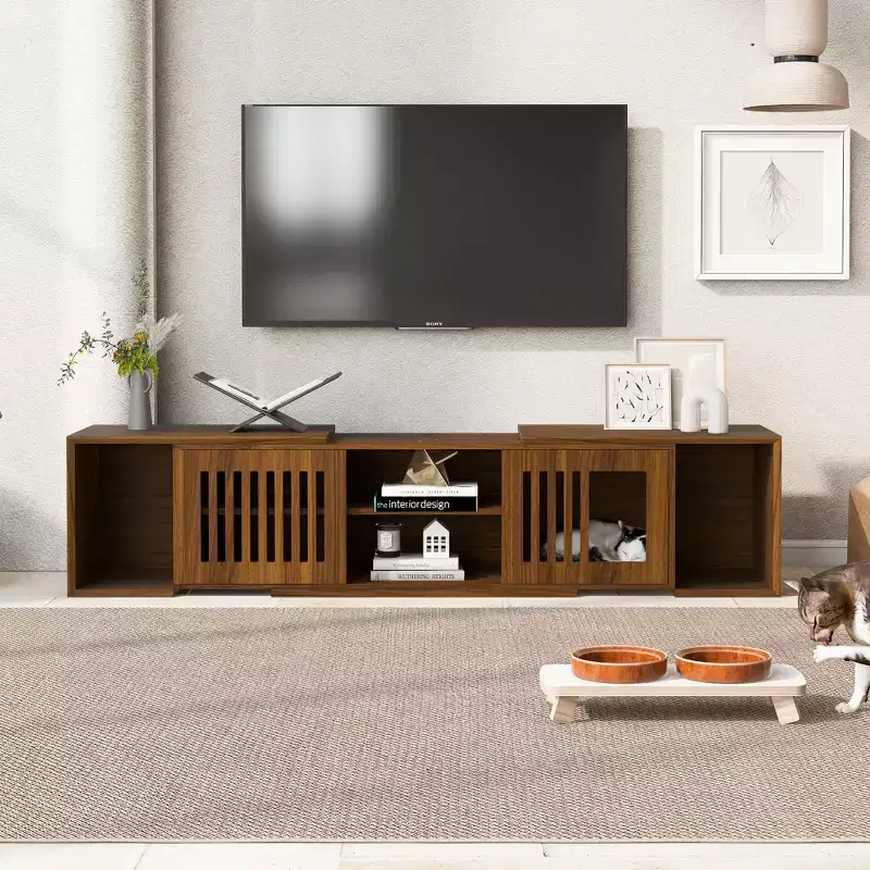 Cat TV Stand Extendable TV Stand Litter Box TV Console, Cat friendly Furniture, Mid-Century Morden, Walnut-ModernLuxe
