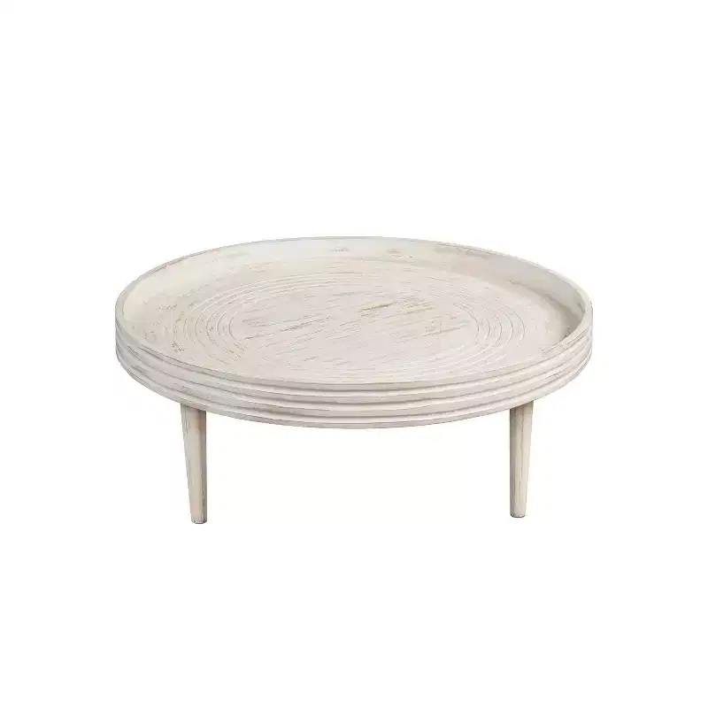 The Urban Port 33" Coffee Table Solid Mango Wood Handcrafted Round Grooved Raised Edge Distressed White