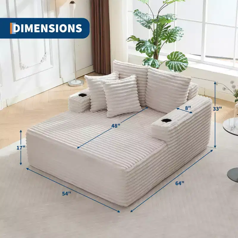 Modern 60 Indoor Corduroy Chaise Lounge w/ USB Ports & Cup Holders, Reclining Sofa Couch w/ Throw Pillows for Living Room, Apartment & Office