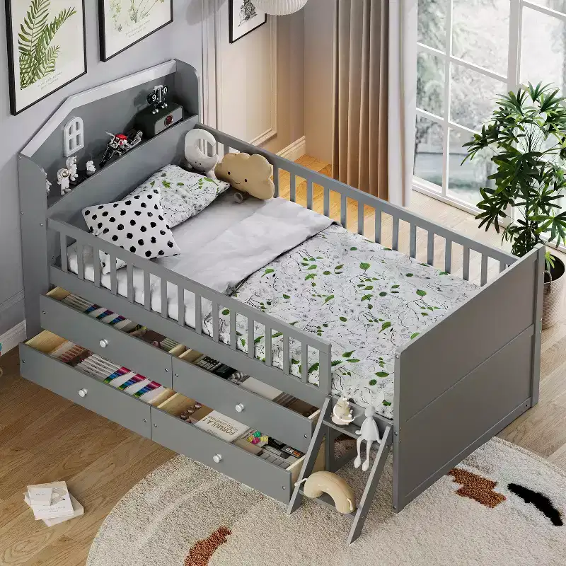 Twin Size Low Loft Bed with 4 Storage Drawers, Guardrail, Headboard and Ladder