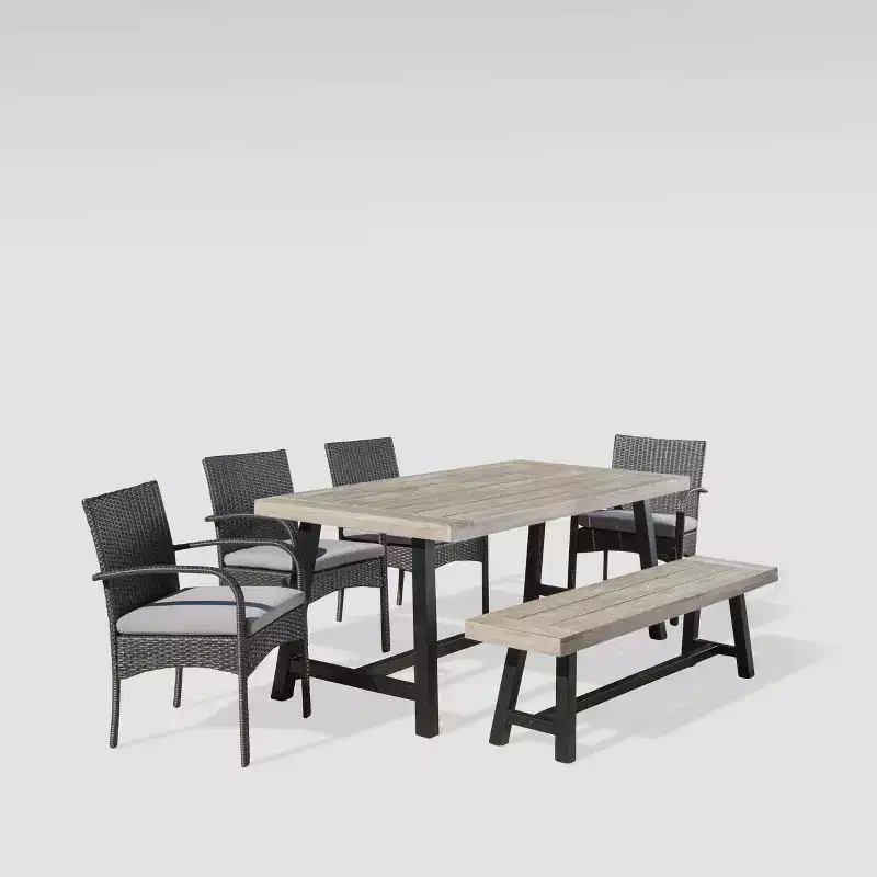 Luster 6pc Acacia Wood and Wicker Dining Set - Light Gray/Gray - Christopher Knight Home: Weather-Resistant, Galvanized Steel Hardware