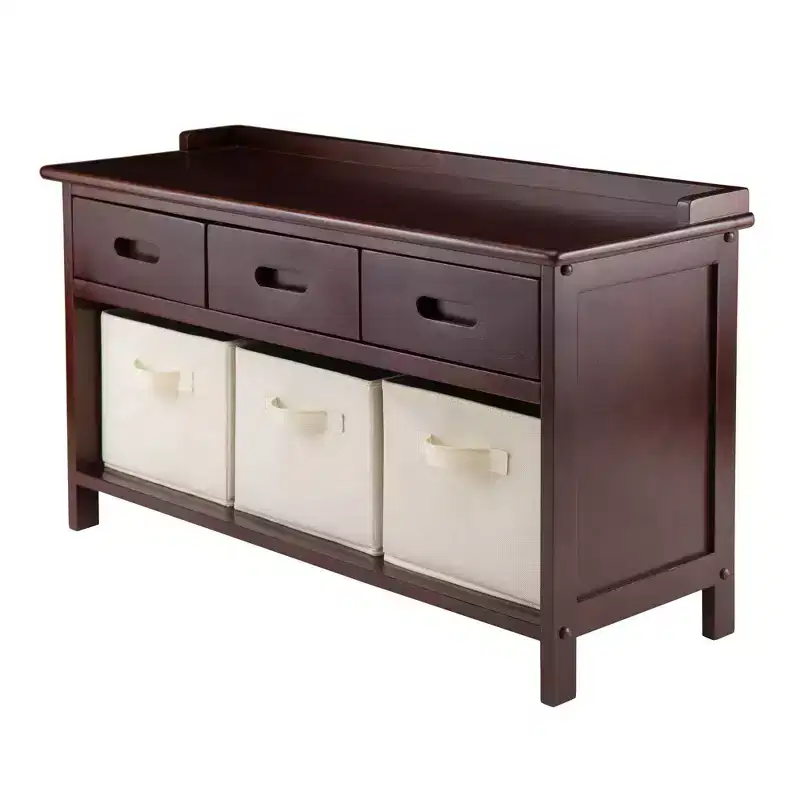 Entryway Storage Bench with Baskets, Walnut Finish, Beige Fabric
