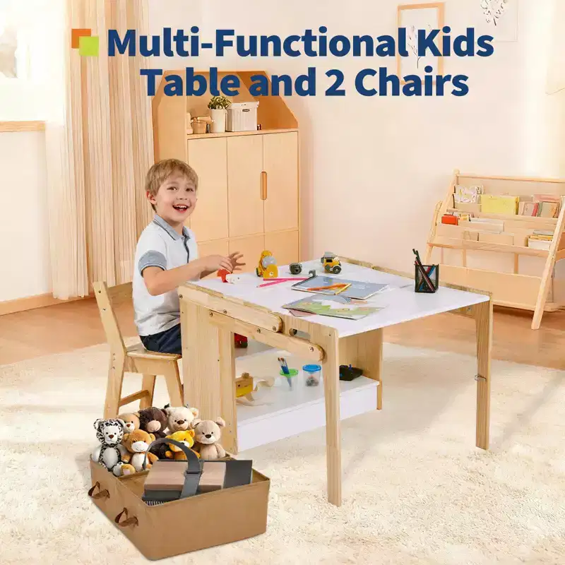 Kids Art Table and 1 Chair Set, 27.5 in Convertible Toddler Activity Table to Storage Shelves, Craft Play Desk for Kids with 2 Storage Box