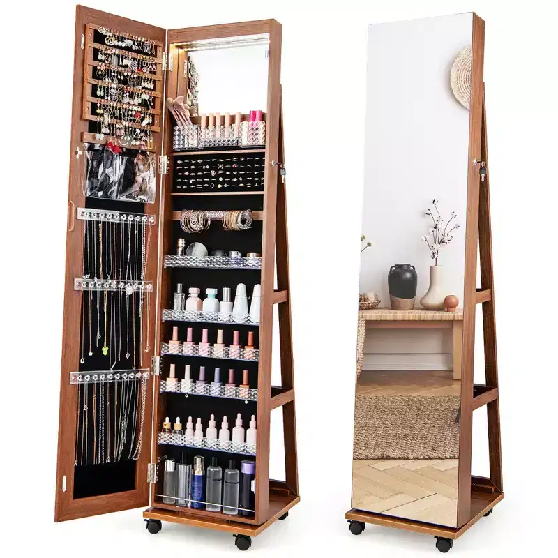 64-Inch Lockable Jewelry Cabinet Armoire with Mirror and LED Lights