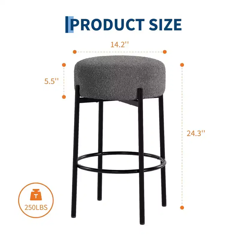 Counter Height Bar Stools Set of 2, 24 Wool Upholstered Barstool w/Footrest, Modern Backless Stools for Kitchen Island, Home Bar