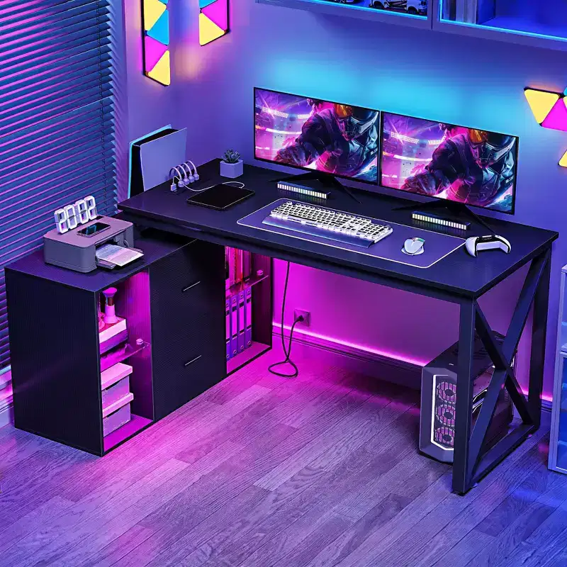 Black 55inch L Shaped Desk Reversible Corner Computer Desk with Drawers & LED Lights with 4 Glass Open Storage Shelves