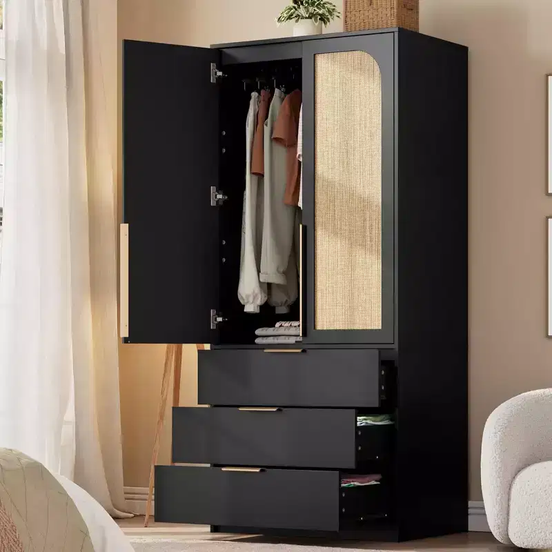 2-Door Wardrobe Cabinet with 3 Drawers & Hanging Rod
