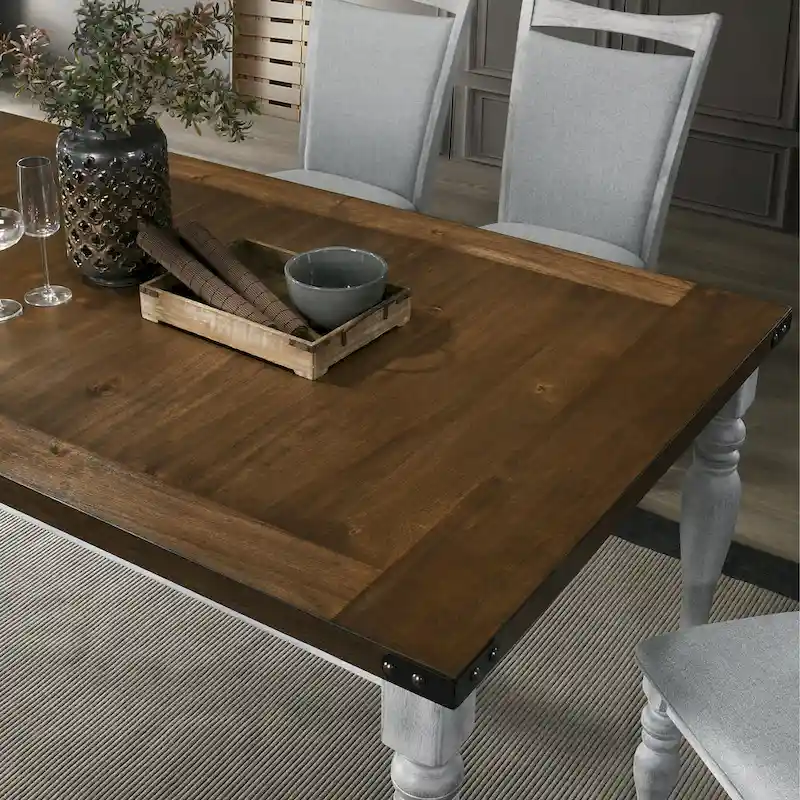 Two-Tone Rustic White & Oak Wood Turned Leg Dining Table