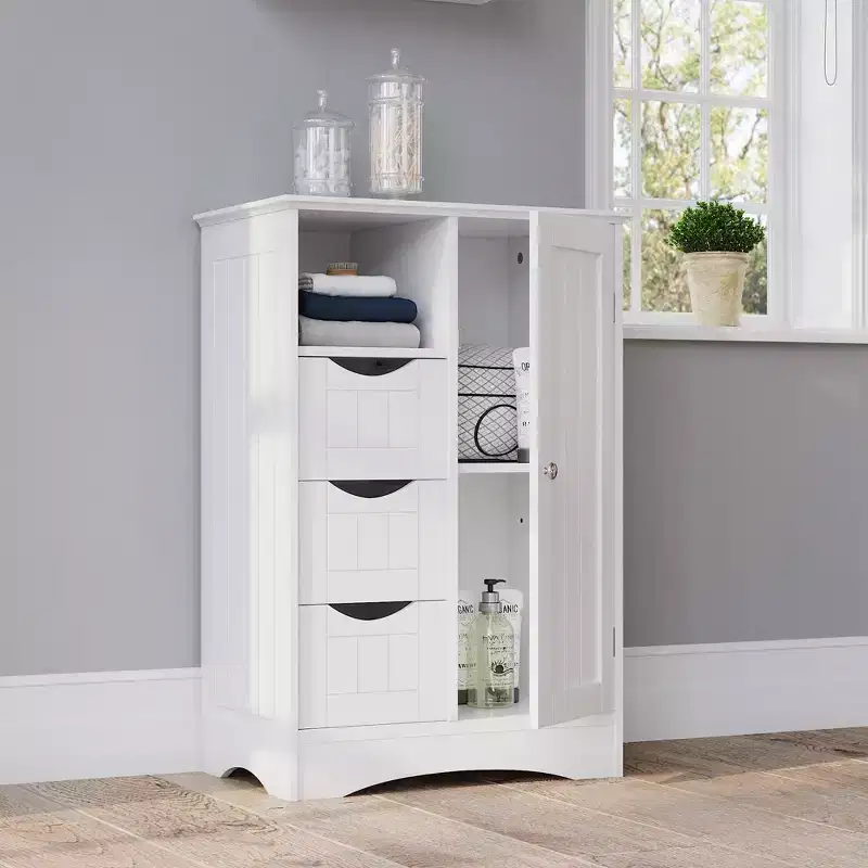 Single Door Bathroom and Laundry Storage Cabinet with 3 Drawers, Open and Adjustable Shelf