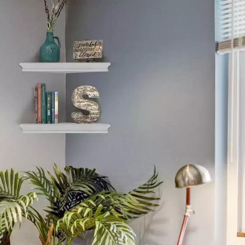 Set of 2 Wood Floating Corner Shelves – Whitewash Finish