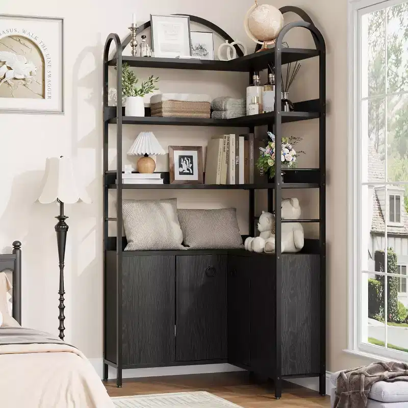 6-Tier Corner Bookshelf 74H L-Shaped Bookcase with Cabinet Doors Storage for Living Room Home Office