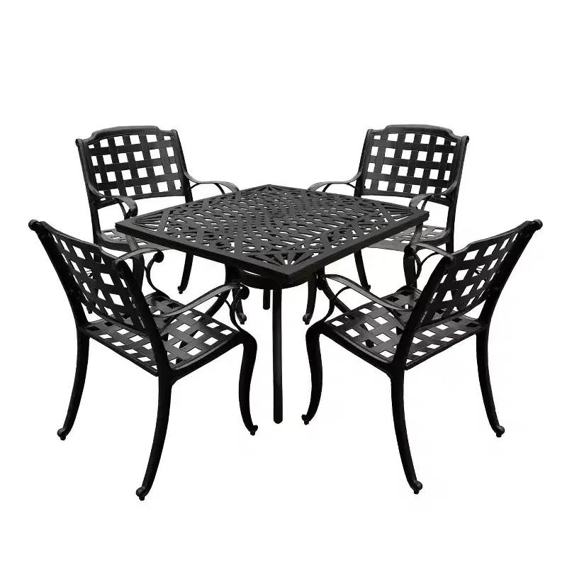 5pc Outdoor Set with 37" Modern Ornate Mesh Aluminum Black Square Table with Checker Chairs - Oakland Living
