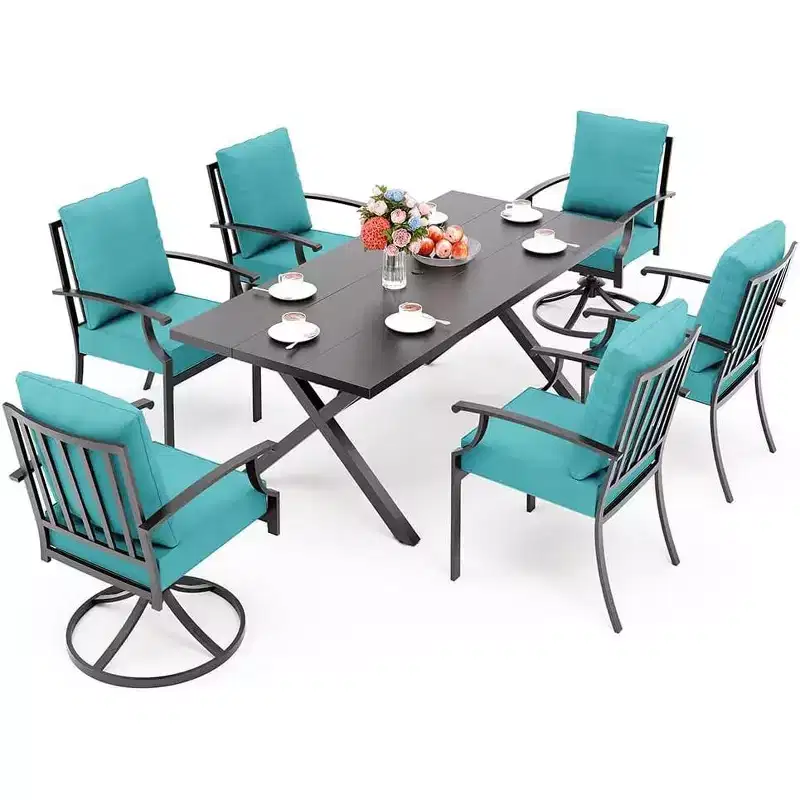ALAULM 7PCS Patio Dining Set Outdoor Furniture w/2 Swivel Chairs&4 Fixed Chairs, Metal Patio Furniture Set 6 Chairs&Large Table w/Umbrella hole