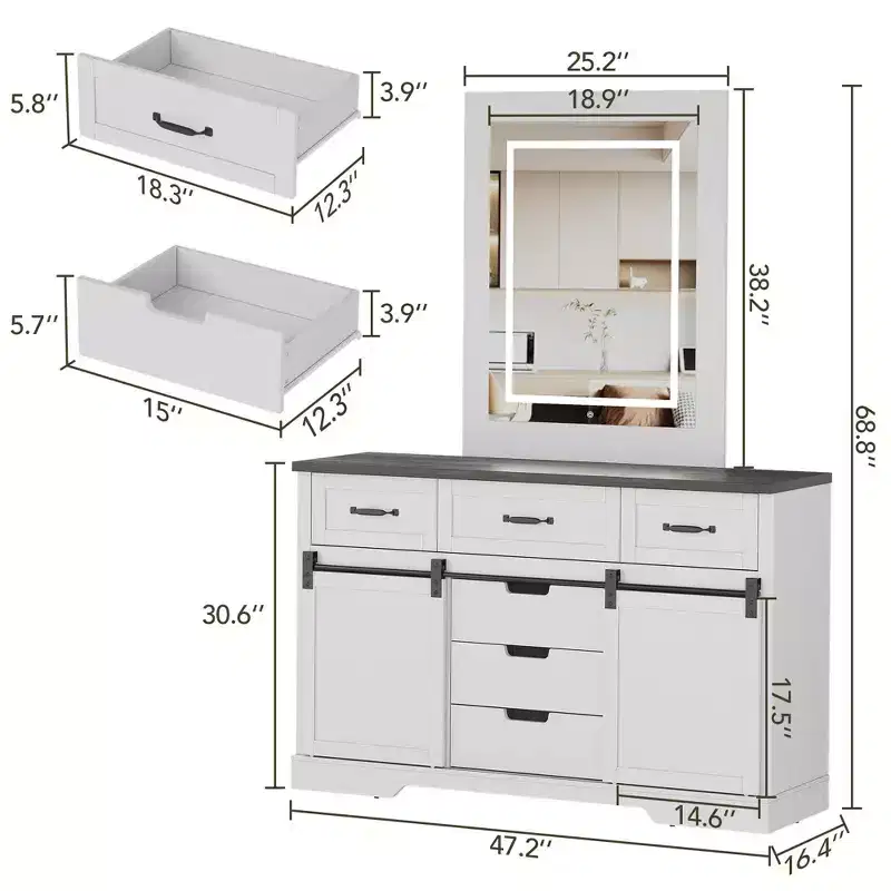 COZONY 47.2 Farmhouse Dresser, 6 Drawer Chest with Sliding Barn Doors, White