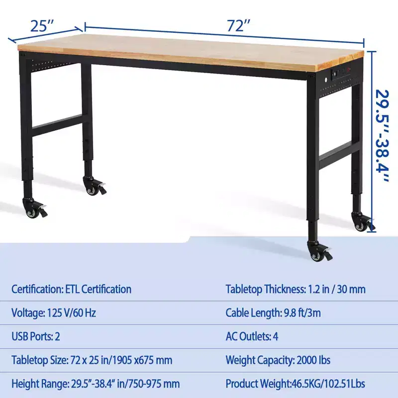 75 x 25 Adjustable Workbench, 2000 Lbs Heavy-Duty Work Table with Wheels & Power Outlet, Garage Workshop Multi-Purpose Table