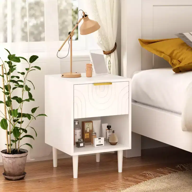 22.83 H Modern White Nightstand with One Drawer and Open Shelf, Gold - Accented Handle, Ideal for Bedroom Decor