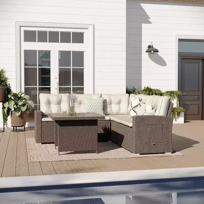 Merrick Lane Indoor/Outdoor L-Shaped Sofa/Dining Table Conversation Set with Wicker Rattan Construction and Weather-Resistant Cushions