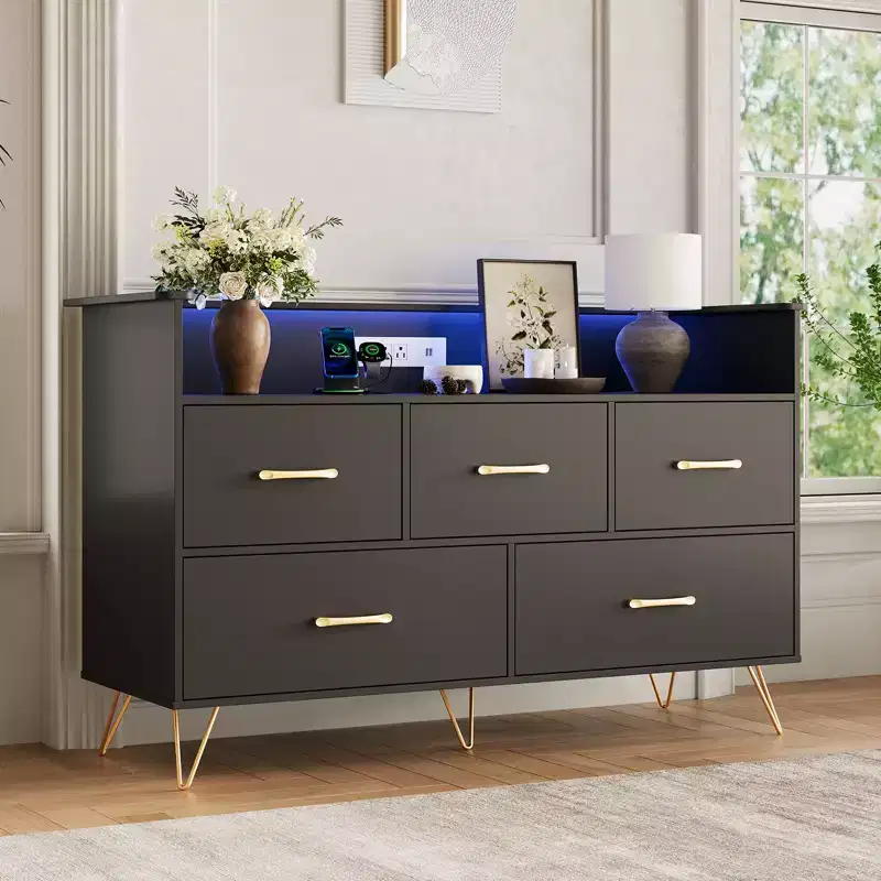 5-Drawer Wood Dresser with Display Shelf, Modern Storage Cabinet for Bedroom Living Room Entryway
