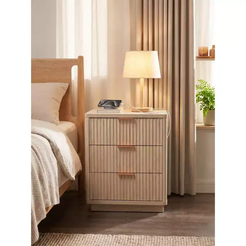 Modern Nightstand with Charging Station, Wood Bedside Table with 3 Drawers End Table for Bedroom