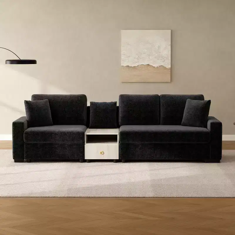 Christopher Knight Home Yira 111.8'' Modern 3-Seater Chenille Upholstered Sectional Sofa with Console, Storage Armrest and Pillows