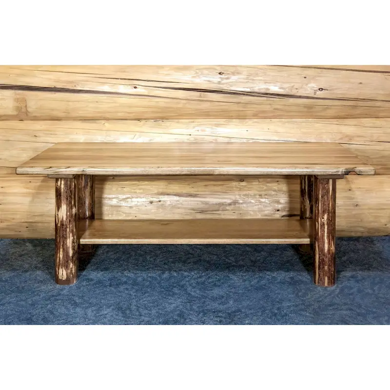 Rustic Lodge Pole Pine Coffee Table with Shelf – Stained & Lacquered Finish