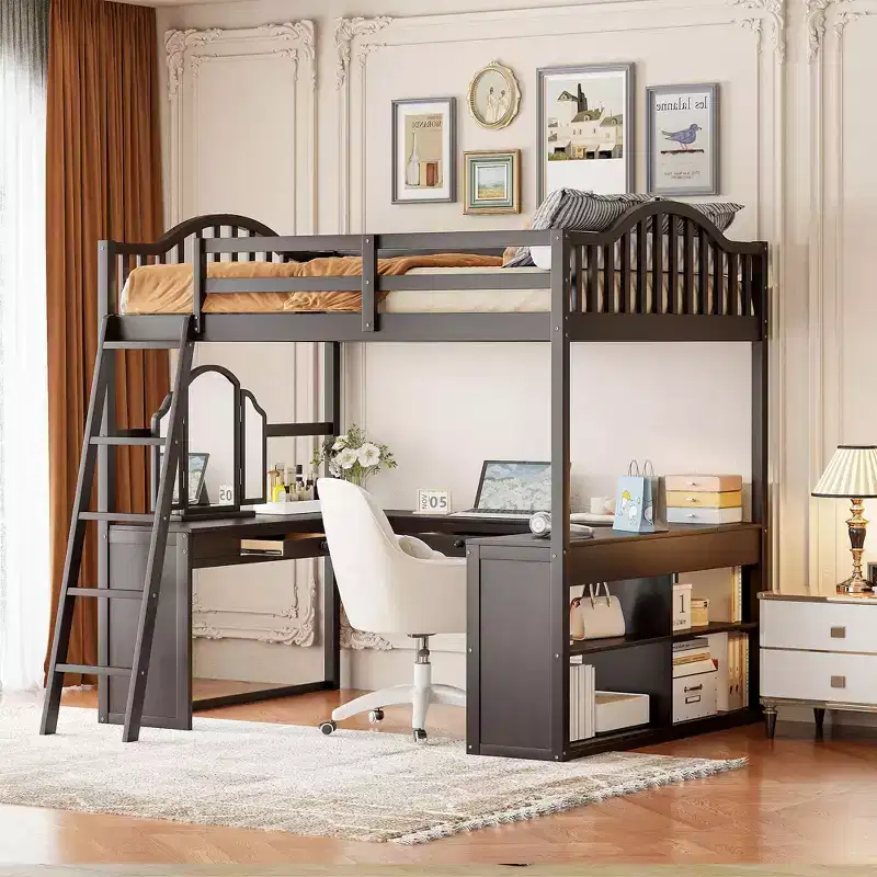Full Size Wooden Loft Bed with U-Shaped Desk, Storage Compartments and Tri-fold Mirror - ModernLuxe