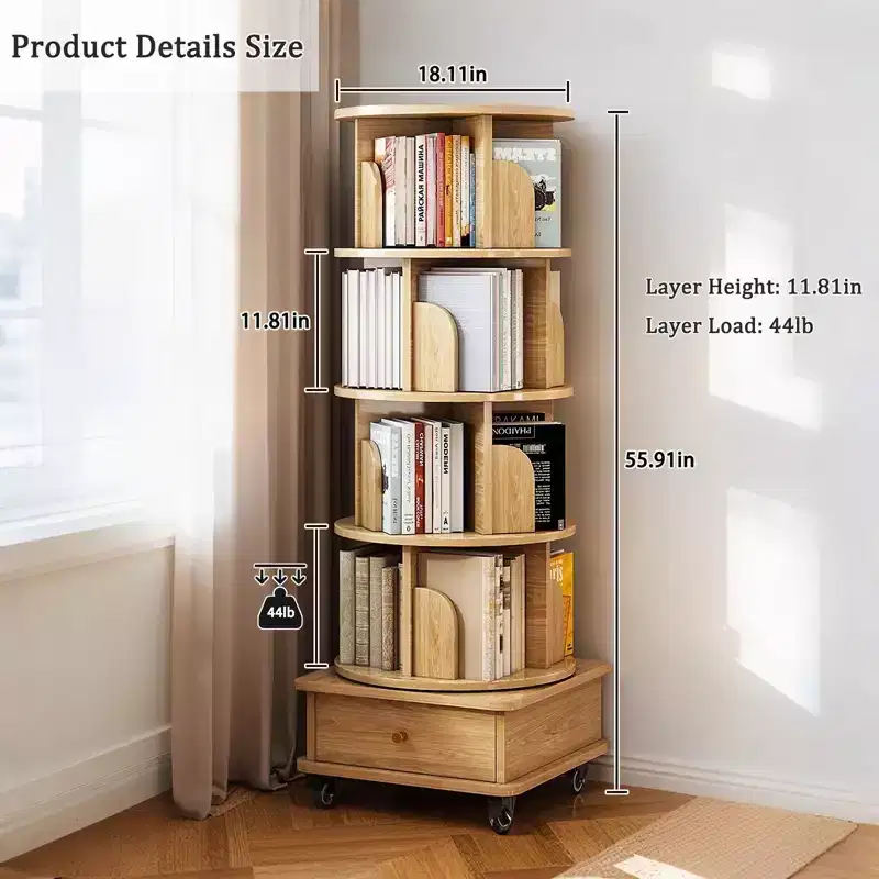 Rotating Bookshelf Tower 360Spining Bookcase Wooden Revolving Book Shelf Corner Display Storage Organizer