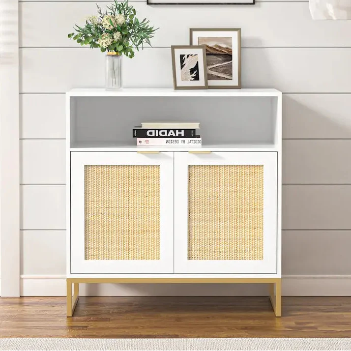 Modern 2-Door White Wood Rattan Buffet Sideboard with Adjustable Shelf