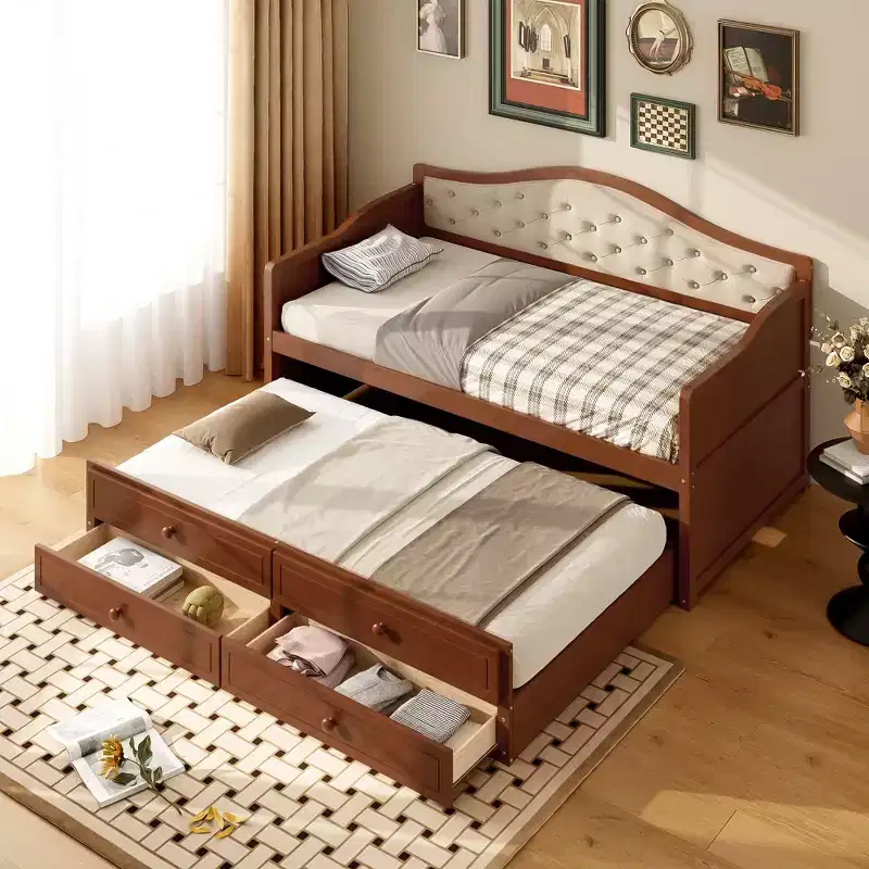 Twin Daybed with Trundle and 2 Storage Drawers, Wood Sofa Bed with Upholstered Tufted Backrest, Walnut