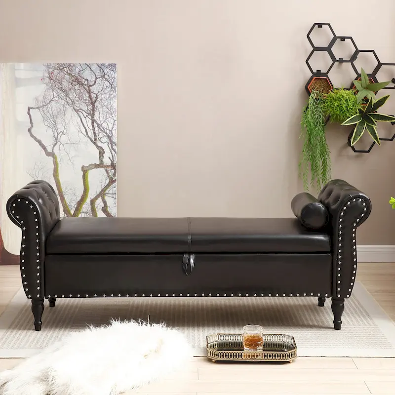 63 PU End of Bed Bench Flip Top Entryway Ottoman with 1 Pillow