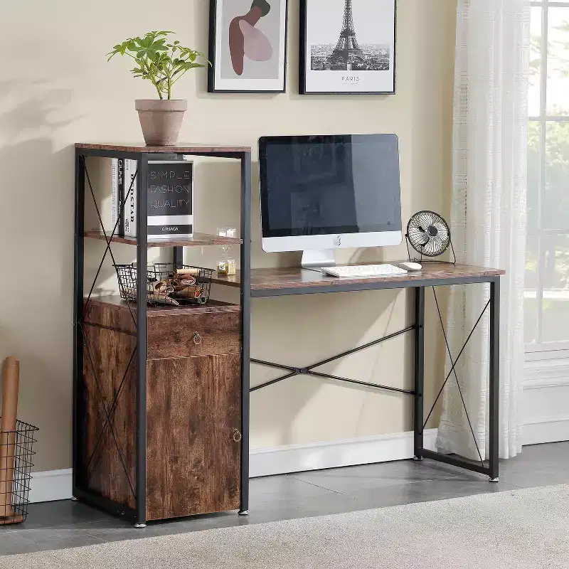Computer Desk with Drawer & Storage Cabinet, Large Office Desk Workstation with Bookshelf, Brown