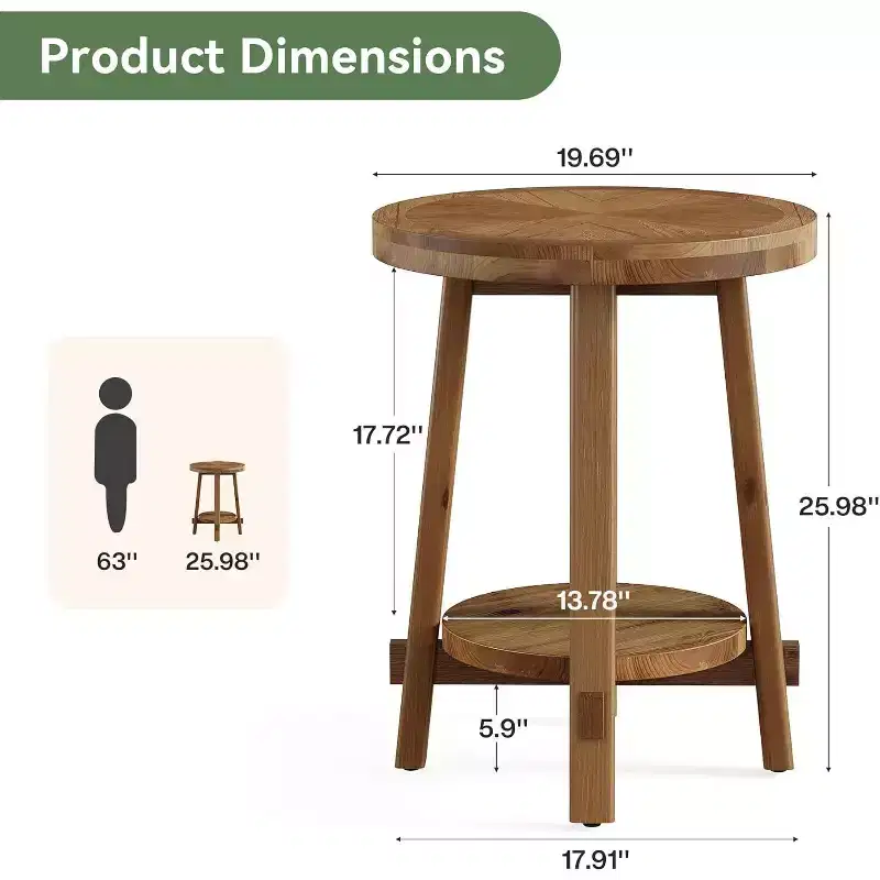 Lantine Solid Wood Side Table for Living Room, FarmhouseSmall Round End Table with 2-Tier Storage for Small Spaces, Bedroom, Brown