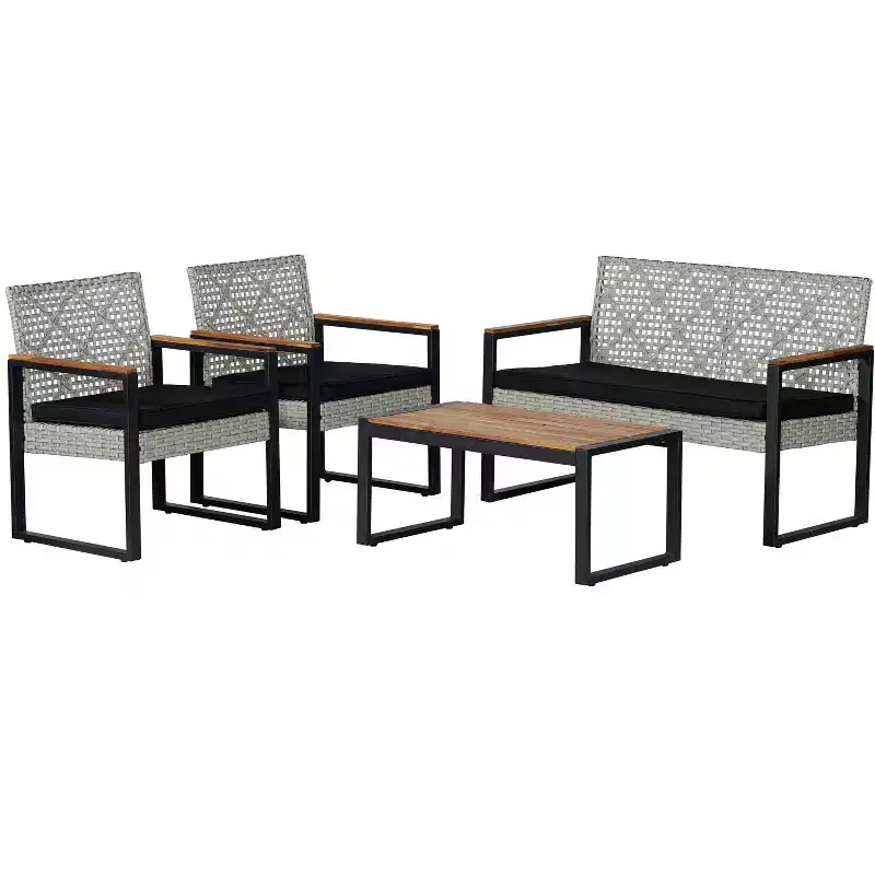 Wilder 4-Piece Modern Coastal Faux Wicker Conversation Outdoor Patio Set - JONATHAN Y