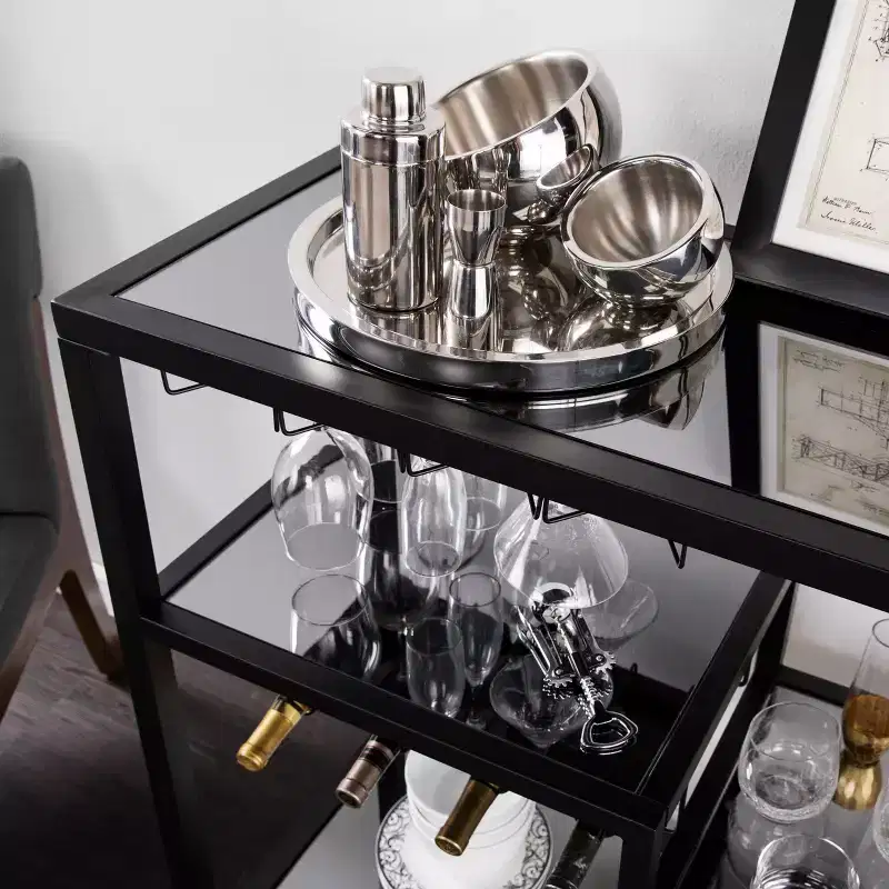 Black Bar Cart with Smoked Mirror Shelves