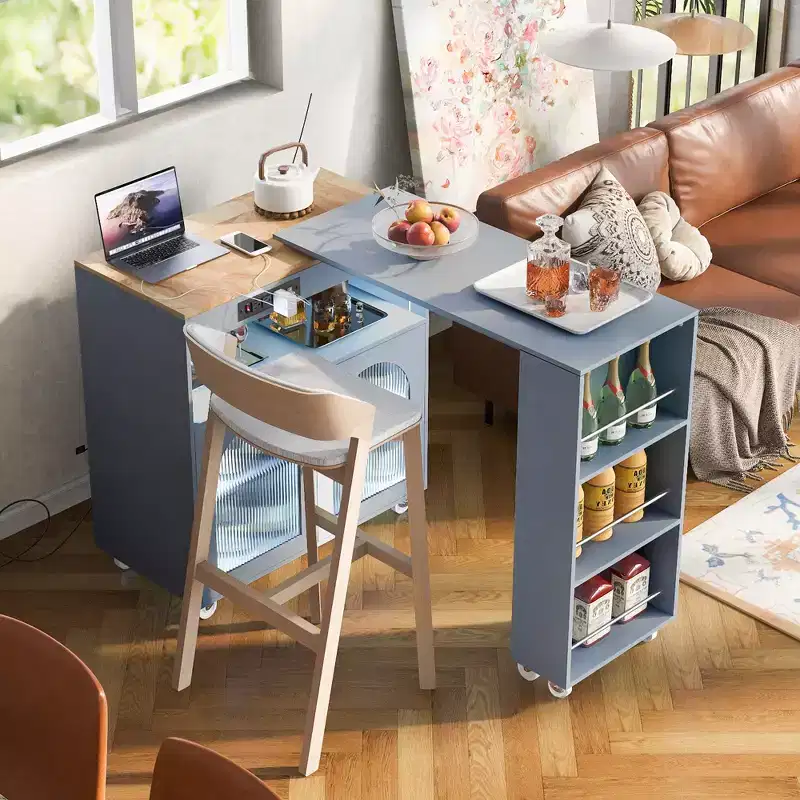 Rolling Kitchen Island With Extended Table, Kitchen Island on Wheels with LED Lights, Power Outlets, 2 Fluted Glass Doorsand Storage Shelves