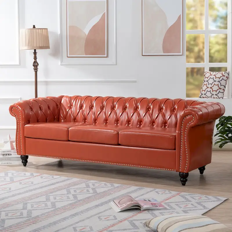 Classically Elegant 84.65 Three-Seater Rolled Arm Chesterfield Sofa in PU Leather - Sturdy Birch Legs, Soft Upholstery