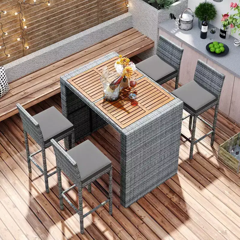 5 PCS Outdoor Patio Acacia Wood Top Wicker Bar with Bar Stools and Removable Cushions,Gray - ModernLuxe