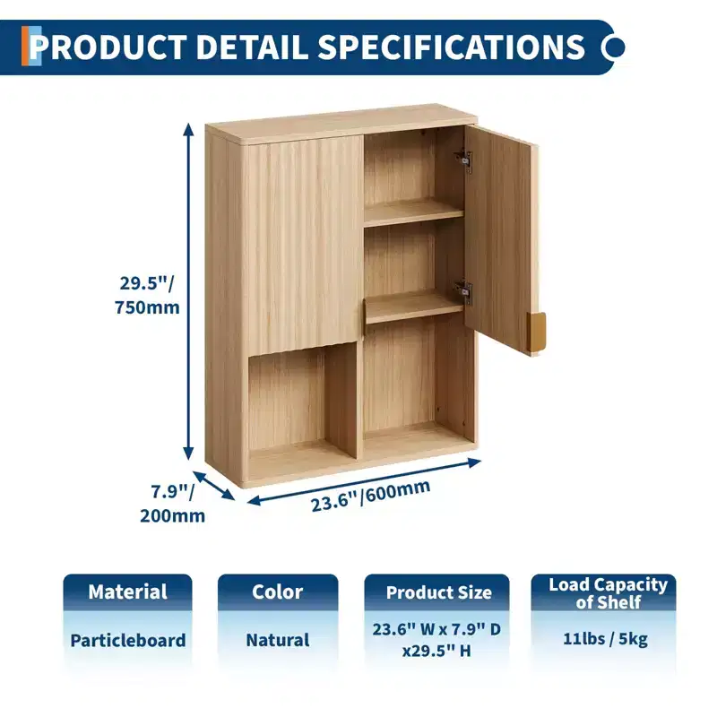 Modern Bathroom Wall Cabinet, Fluted Wooden Medicine Cabinet with Adjustable Shelves, Space Saver Over Toilet Storage, Floating Storage Cabinet
