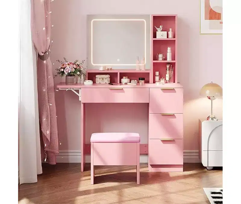 Makeup Vanity Set, Vanity Desk with Mirror , Makeup Table with Storage Stool, Drawers, Open Shelves, Wooden Dressing Table for Bedroom, Pink