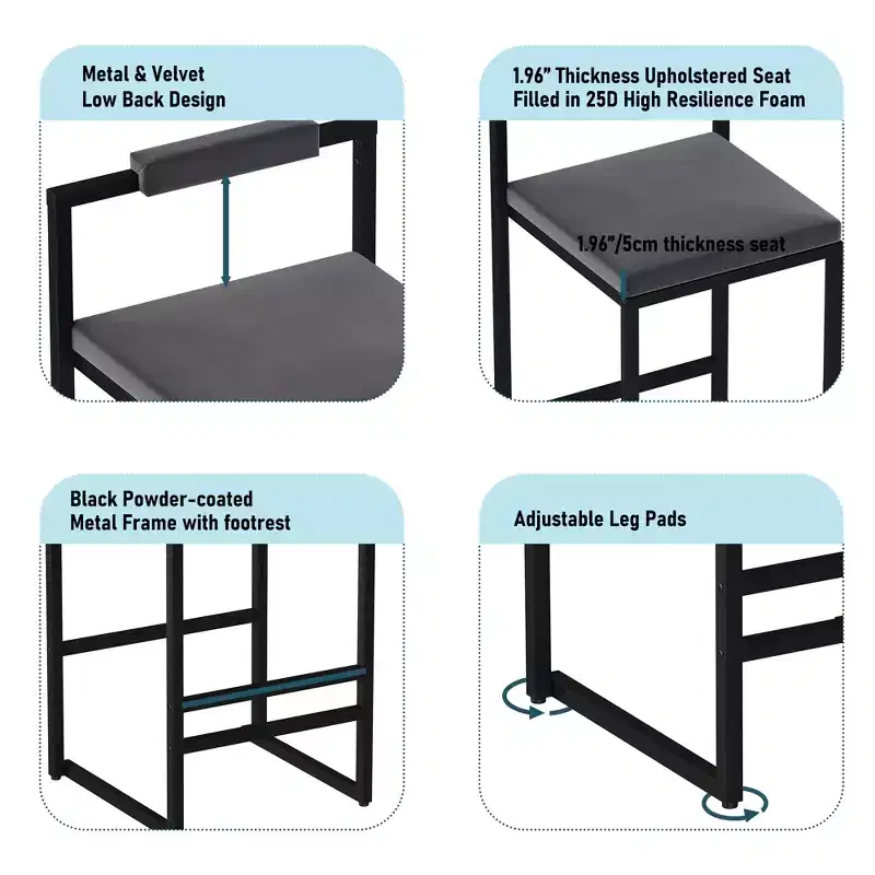 Velvet Upholstered Bar Stools Counter Height With Footrest Backrest Modern Dining Chairs Black Gray