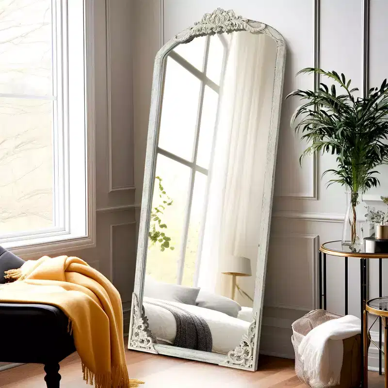 64x21 inch Solid Wood Carved Right Angle Micro Arch Full Body Mirror Weathered White (with Bracket)