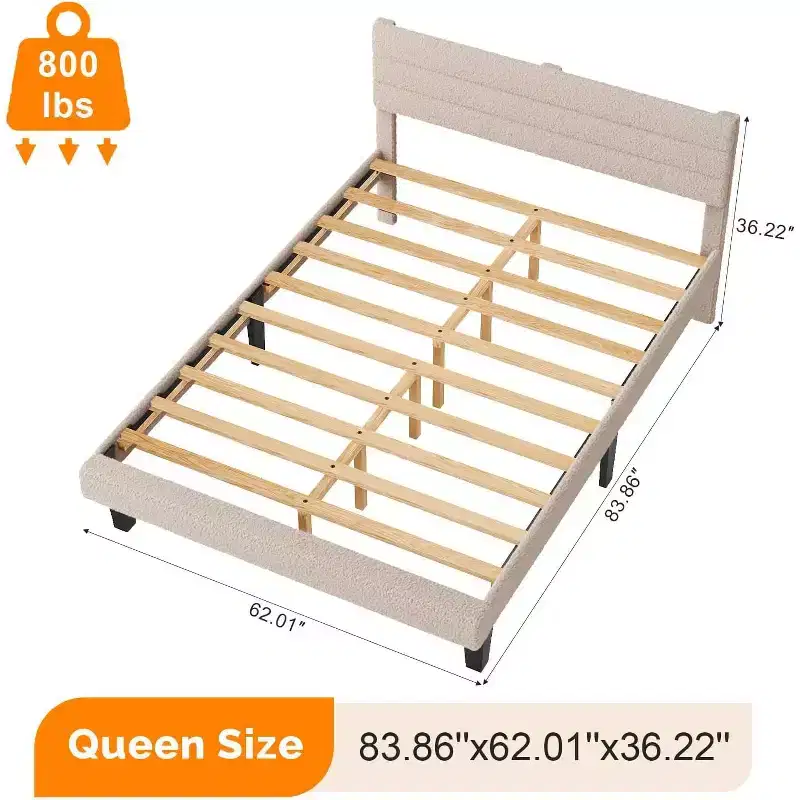 VINGLI Upholstered Bed Frame with Boucle Adjustable Headboard,Cozy Low Profile Platform Bed with Wooden Slats,Cream,Noise Free,Beige