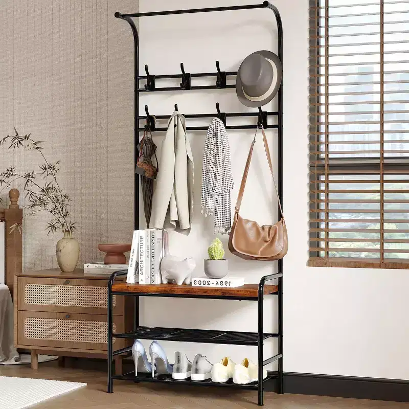 Freestanding Entryway Hall Tree with Shoe Storage Bench, 3-Tier Shelf, Hanging Rod & 8 Adjustable Hooks for Entryway Bedroom