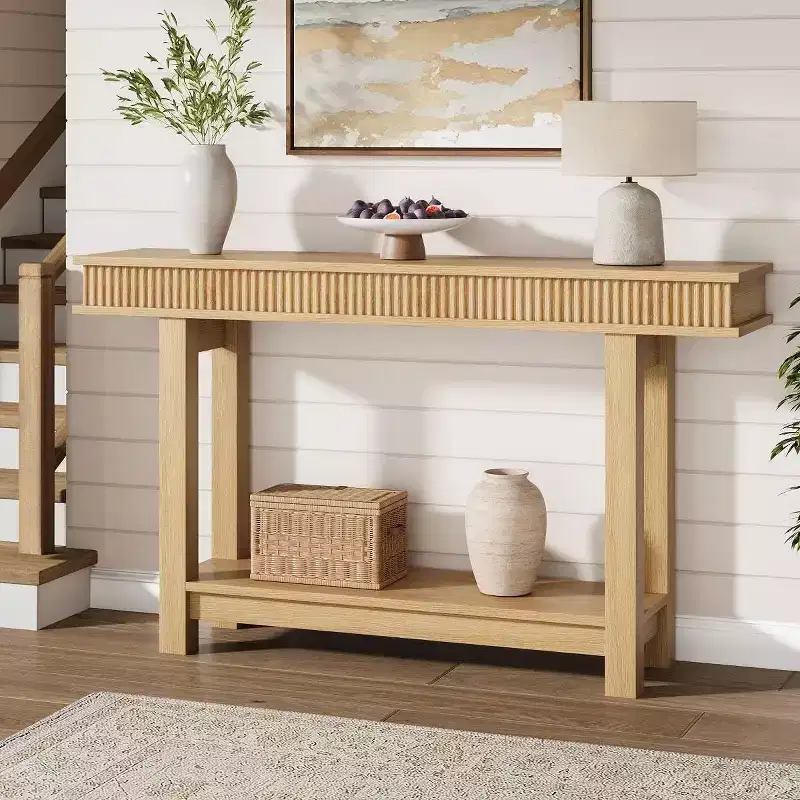 Fluted Wooden Console Table Farmhouse 2 Tier with Shelf Storage Rectangular Narrow Entryway Table Behind Couch for Foyer Hallway Living Room