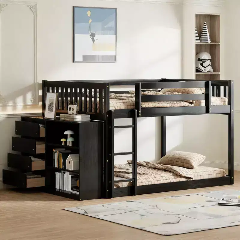 Luxystar Modern Full over Full Bunk Bed with 4 Drawers and 3 Shelves
